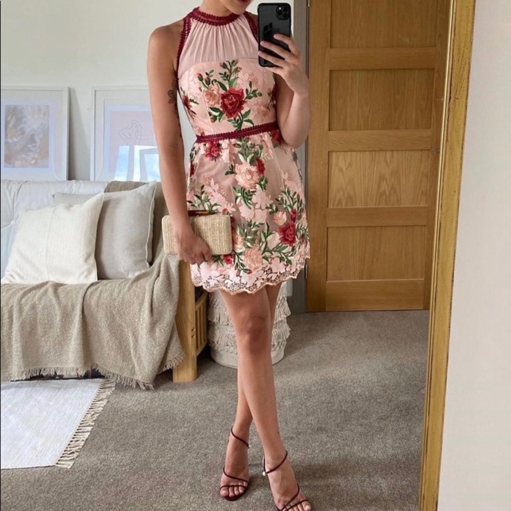 Chi Chi London High Neck Mini Dress In Rose Appliqué